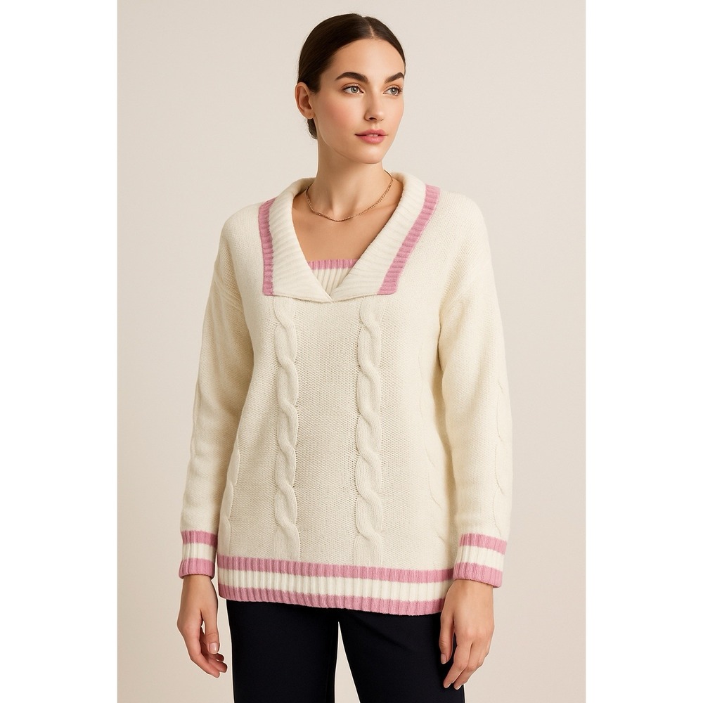 British‎ Vogue Women's White Sweater Cotton Cable Knit Classic Vintage Preppy L